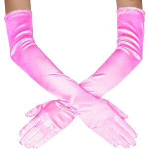 Women's Light Pink Evening Long Satin Finger Gloves Halloween Wedding Party Prom